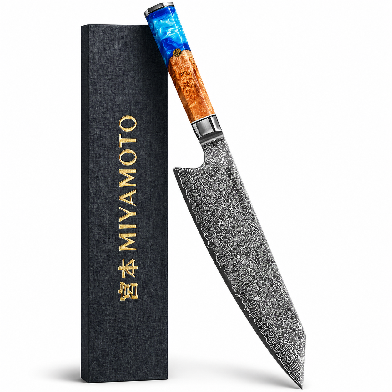 Miyamoto Damascus Kiritsuke Chef Knife with Blue Resin Handle