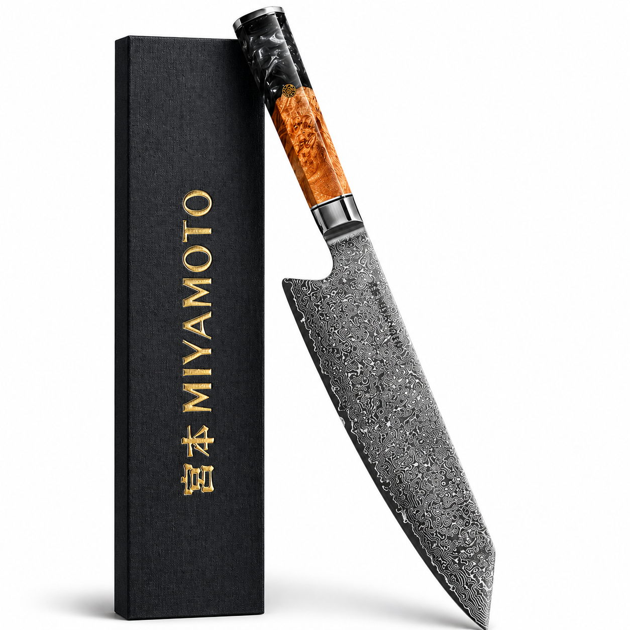 Miyamoto Damascus Kiritsuke Chef Knife with Black Resin Handle