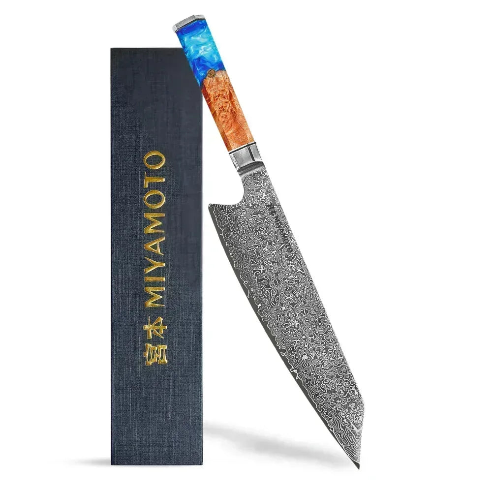 Miyamoto Damascus Kiritsuke Chef Knife with Blue Resin Handle - Lux Resin