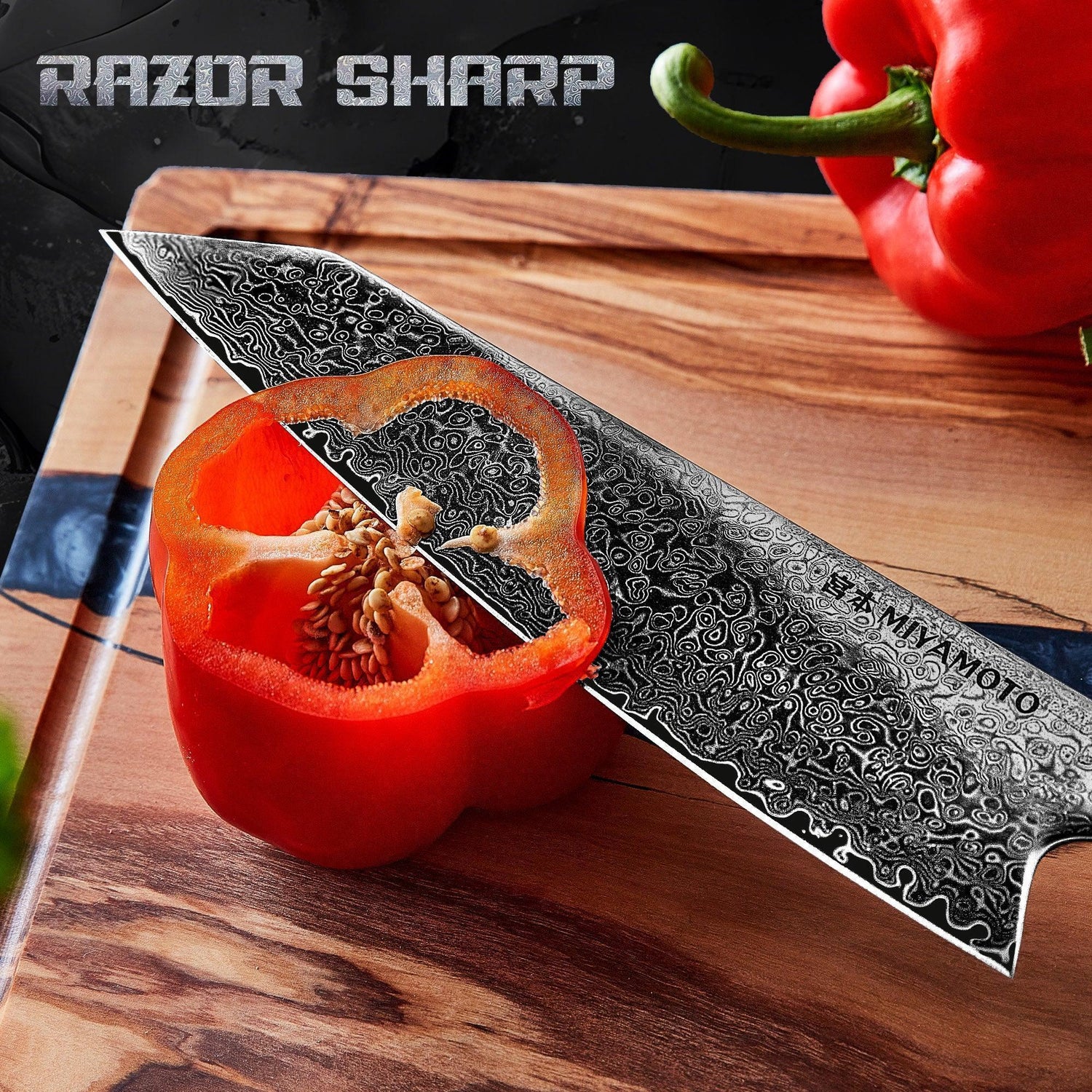 Miyamoto Damascus Kiritsuke Chef Knife with Black Resin Handle - Lux Resin