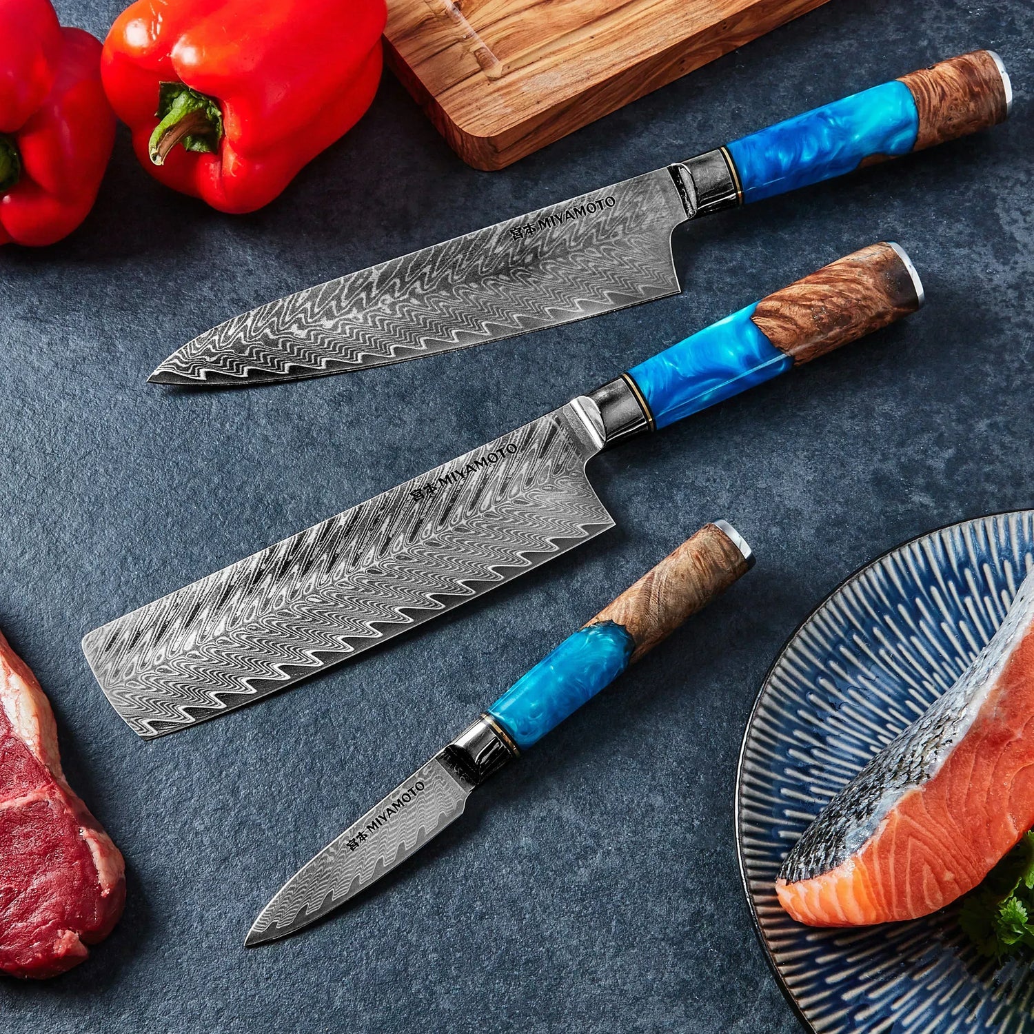 Miyamoto Japanese Knife Damascus Knife 3 Set - Lux Resin