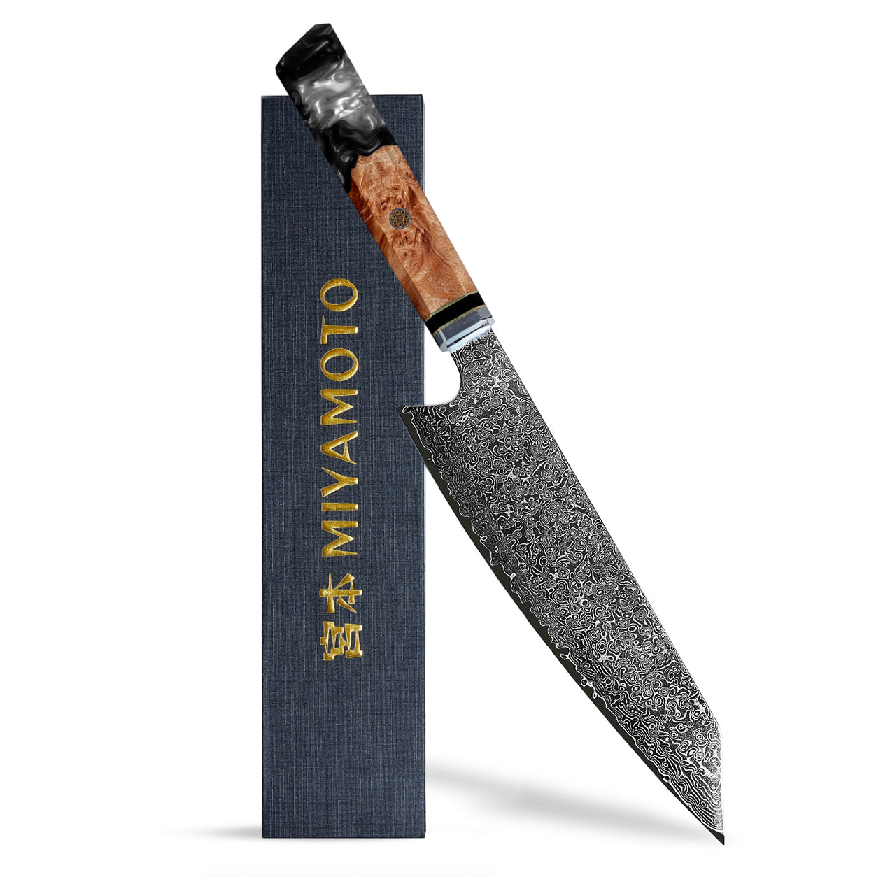 Miyamoto Damascus Kiritsuke Chef Knife with Black Resin Handle