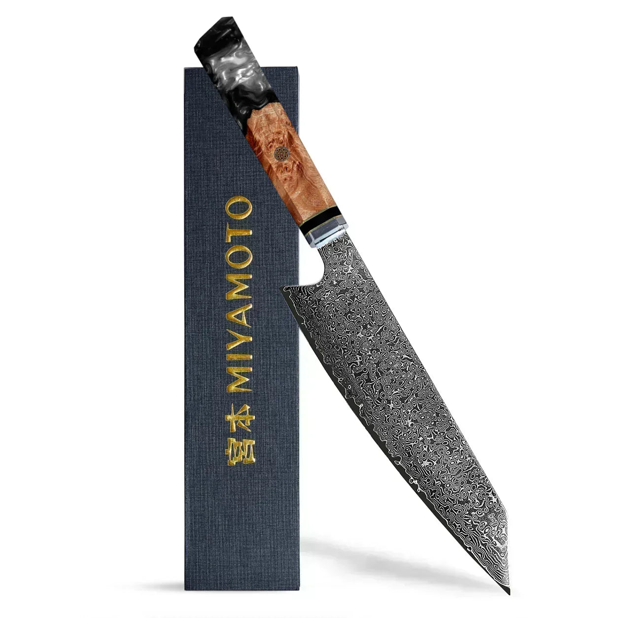 Miyamoto Damascus Kiritsuke Chef Knife with Black Resin Handle - Lux Resin