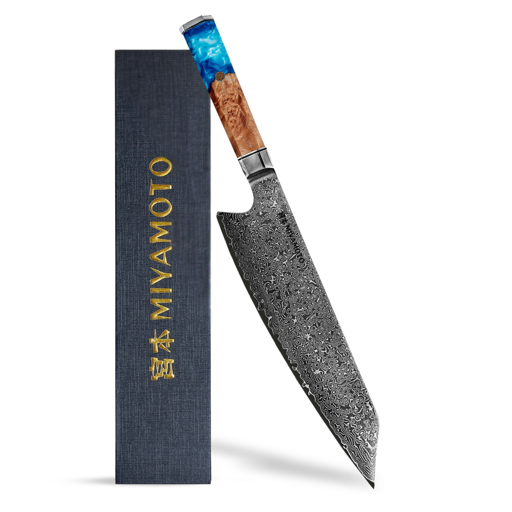Miyamoto Damascus Kiritsuke Chef Knife with Blue Resin Handle