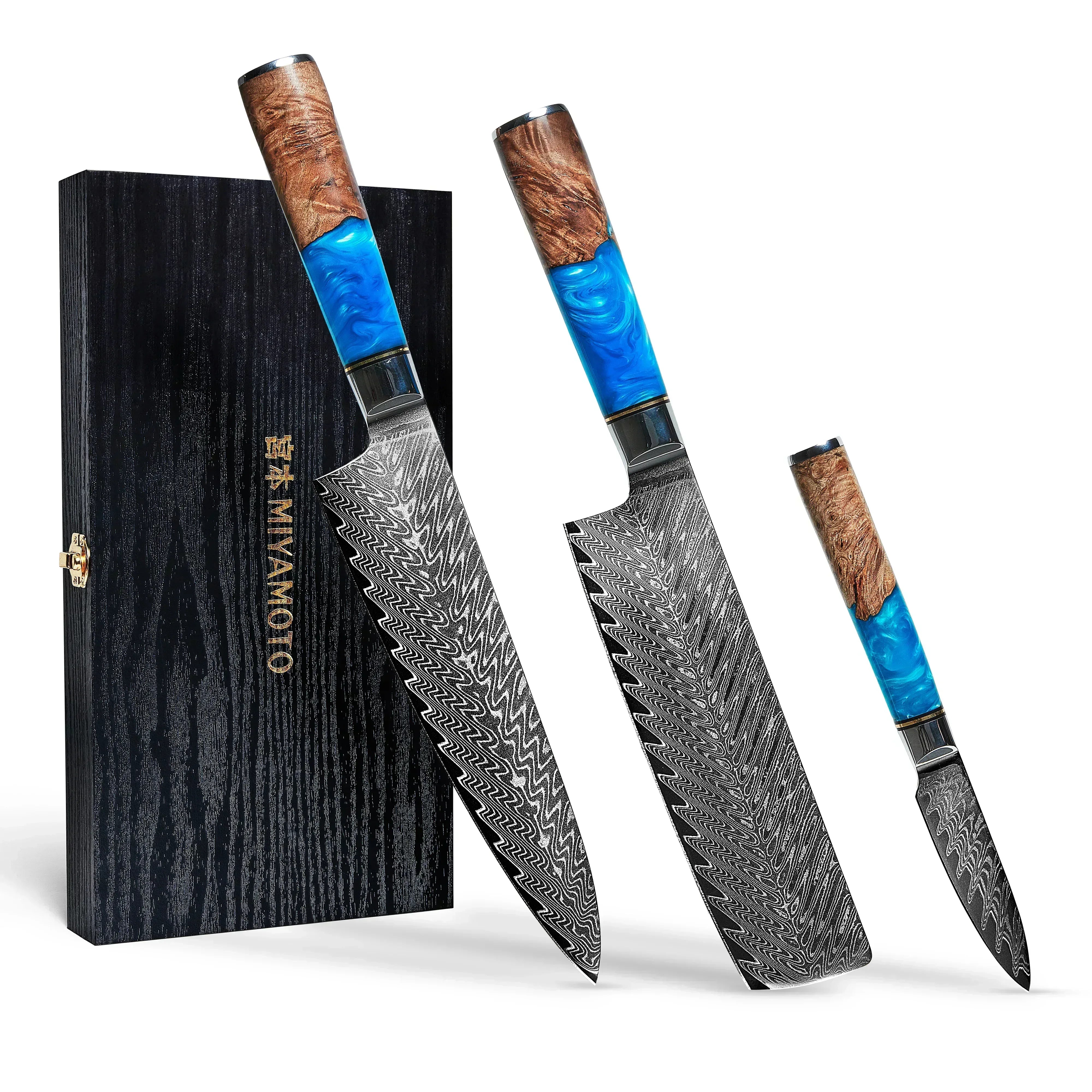 Miyamoto Japanese Knife Damascus Knife 3 Set – Lux Resin