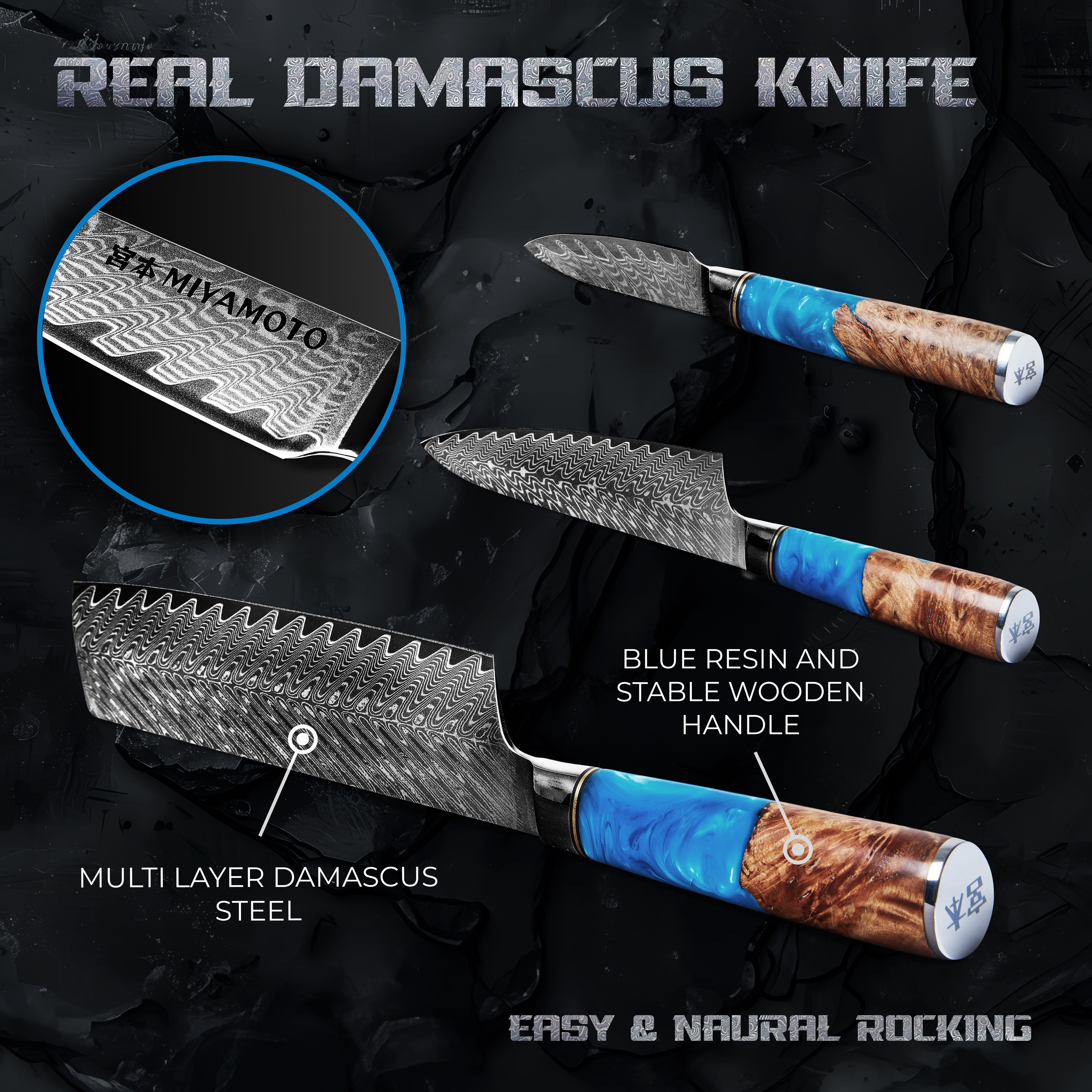 Miyamoto Japanese Knife Damascus Knife 3 Set
