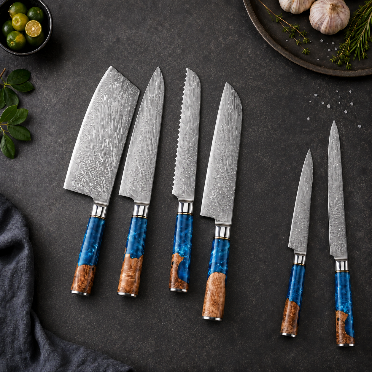 Miyamoto Japanese Damascus Steel Kitchen Knife Set With Resin Handle
