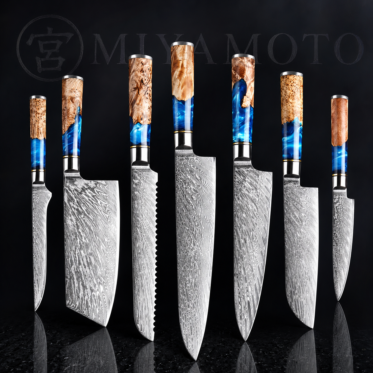 Miyamoto Japanese Damascus Steel Kitchen Knife Set With Resin Handle