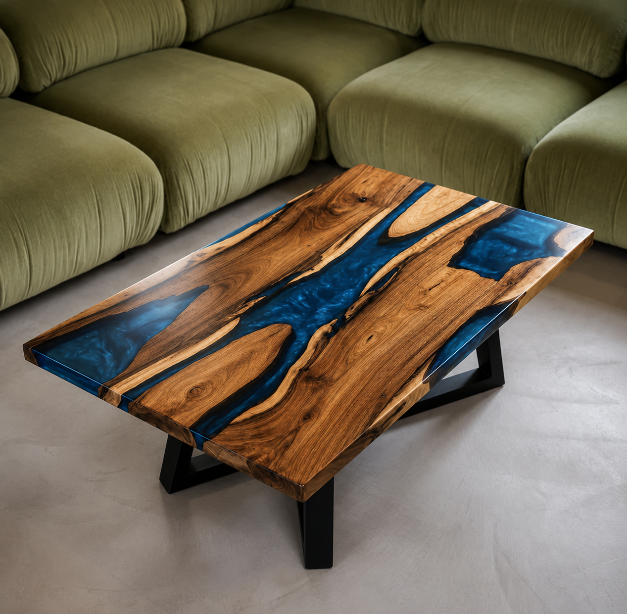 Solid Walnut Coffee Table with Blue Resin