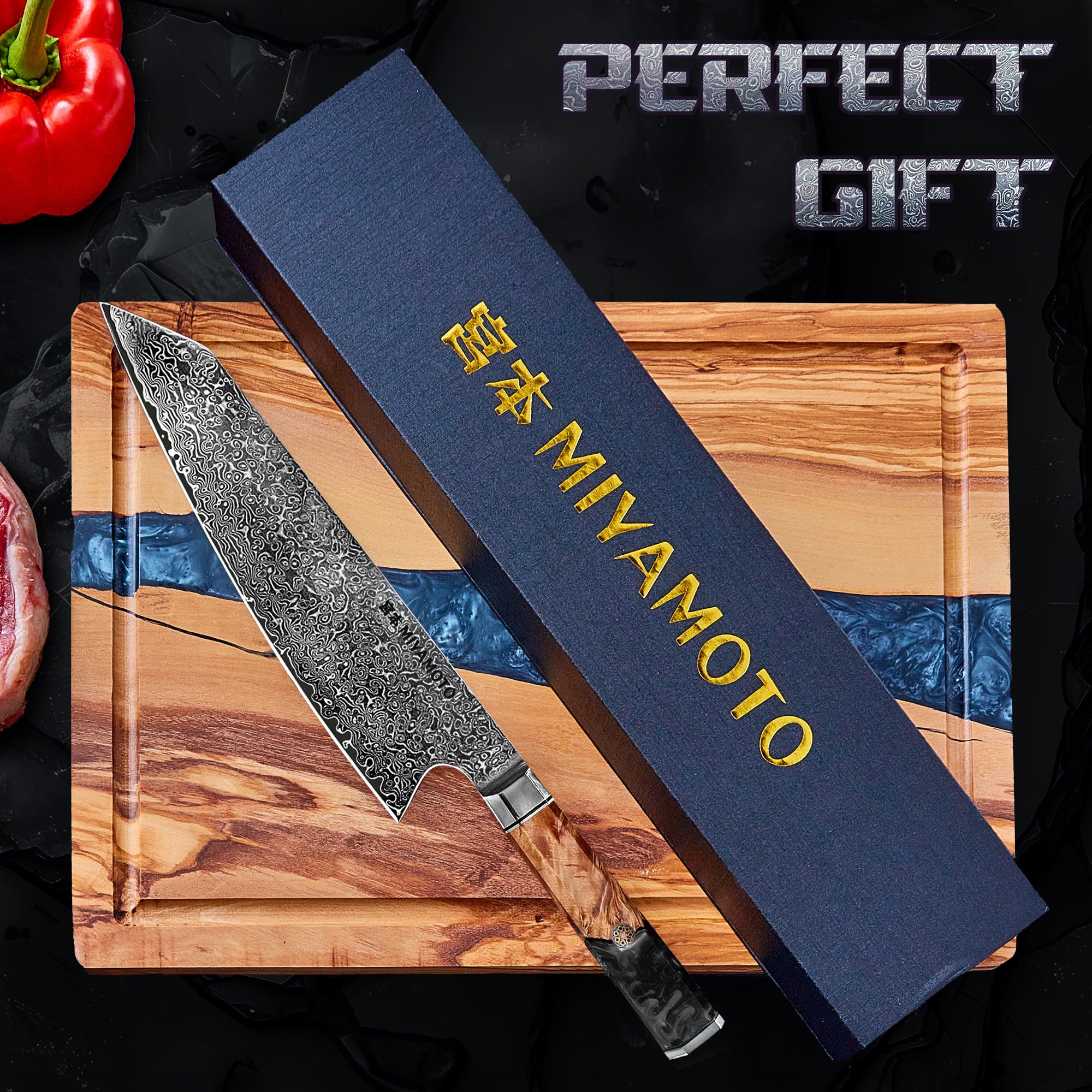 Miyamoto Damascus Kiritsuke Chef Knife with Black Resin Handle