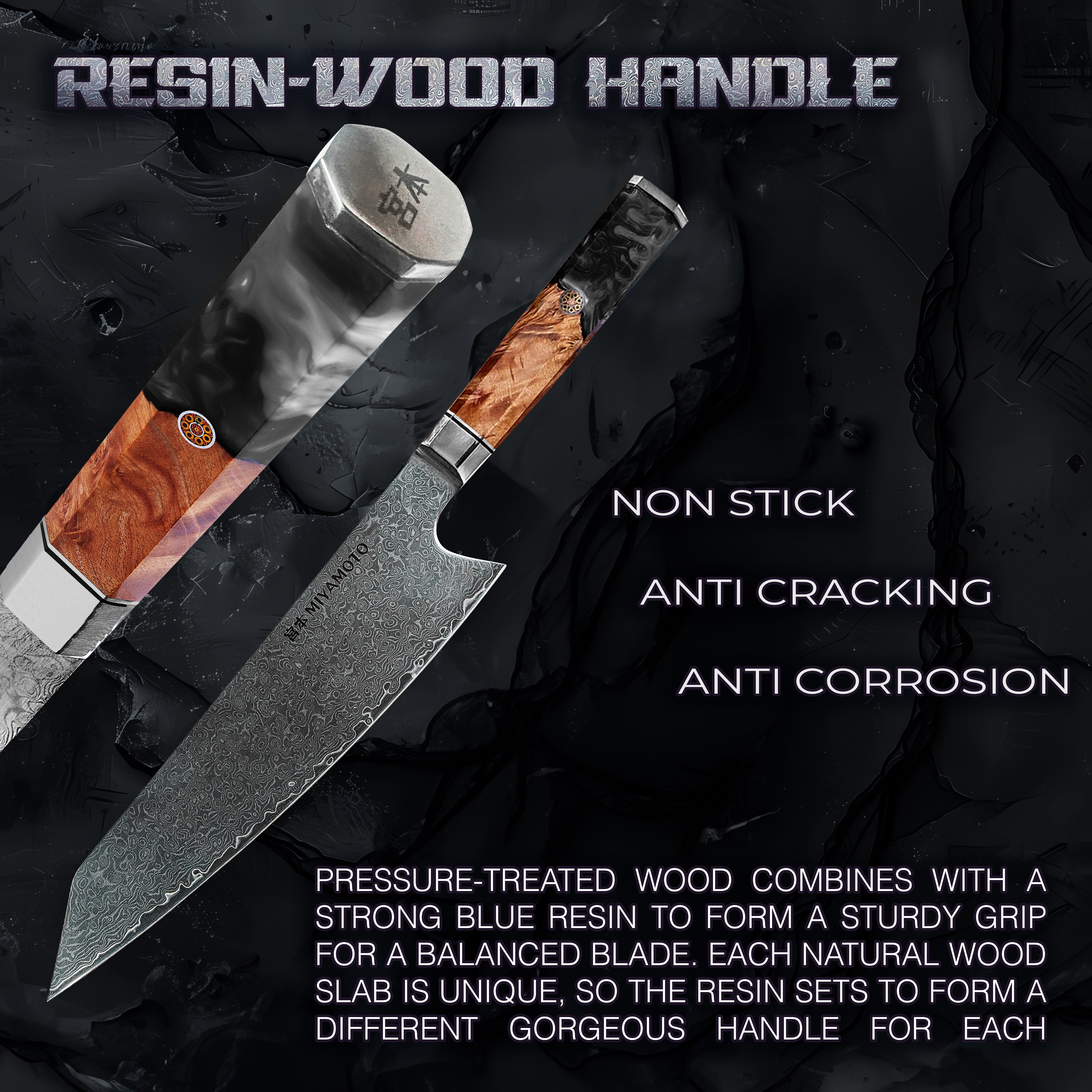 Miyamoto Damascus Kiritsuke Chef Knife with Black Resin Handle