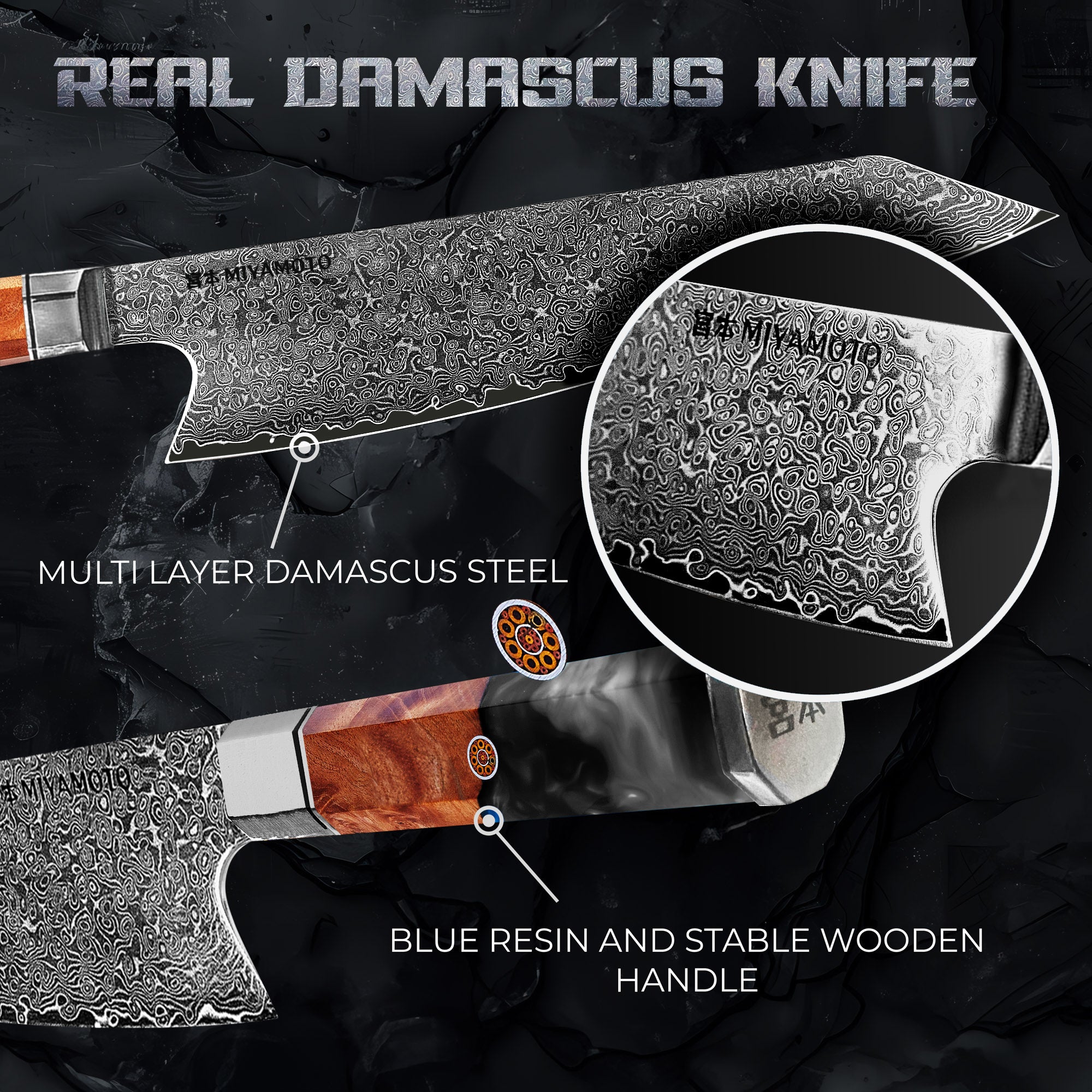 Miyamoto Damascus Kiritsuke Chef Knife with Black Resin Handle