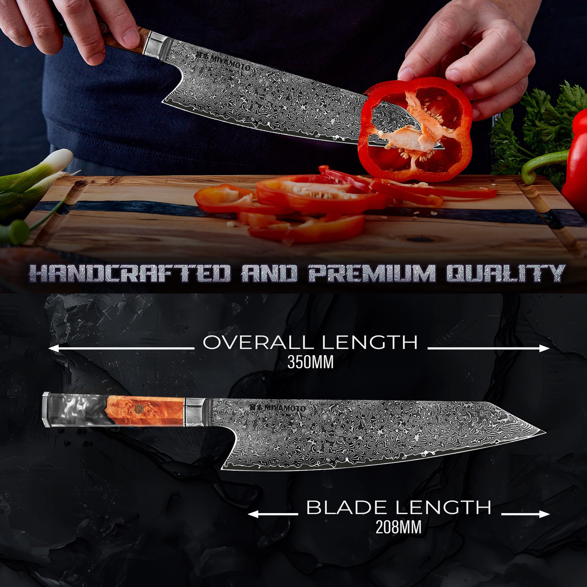 Miyamoto Damascus Kiritsuke Chef Knife with Black Resin Handle