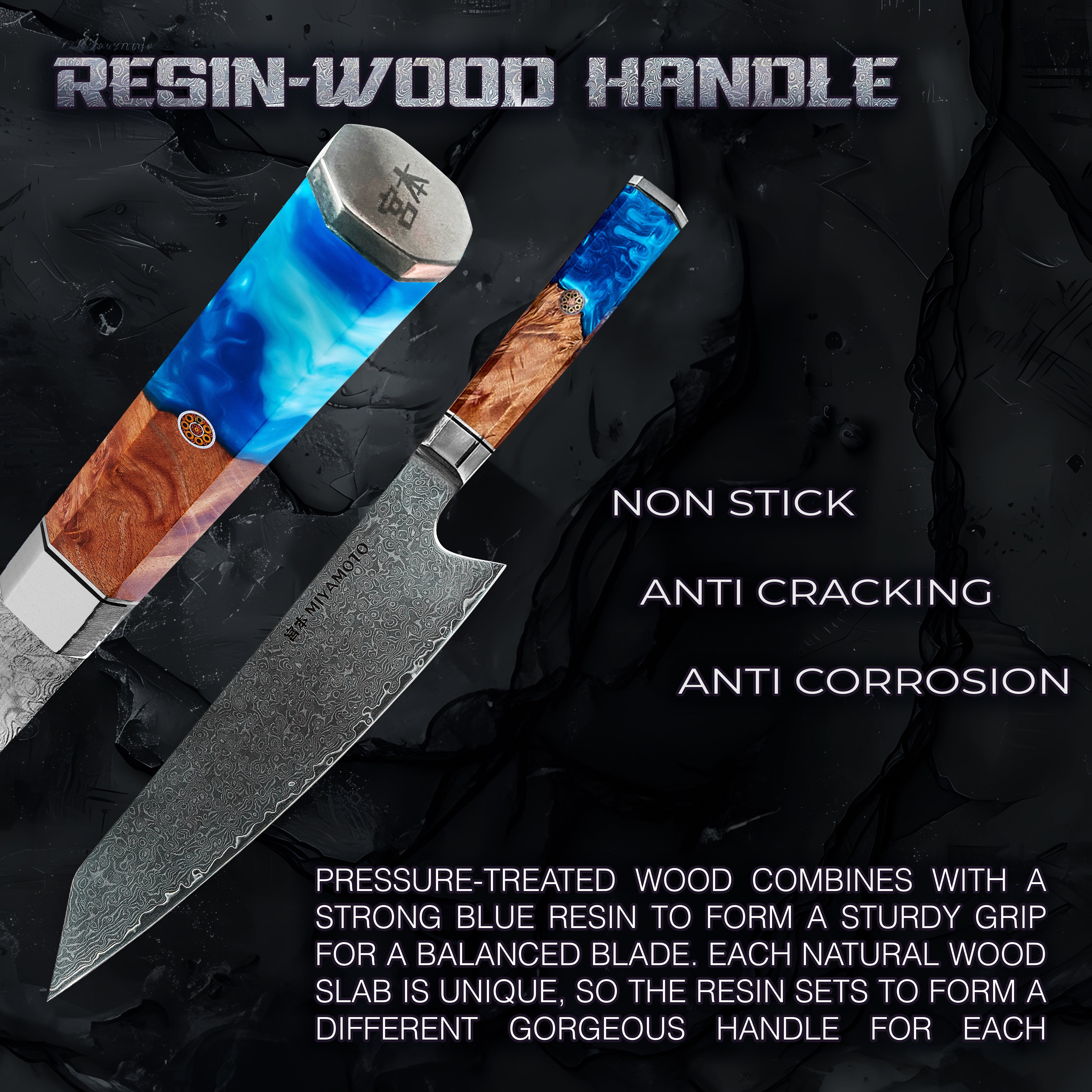Miyamoto Damascus Kiritsuke Chef Knife with Blue Resin Handle