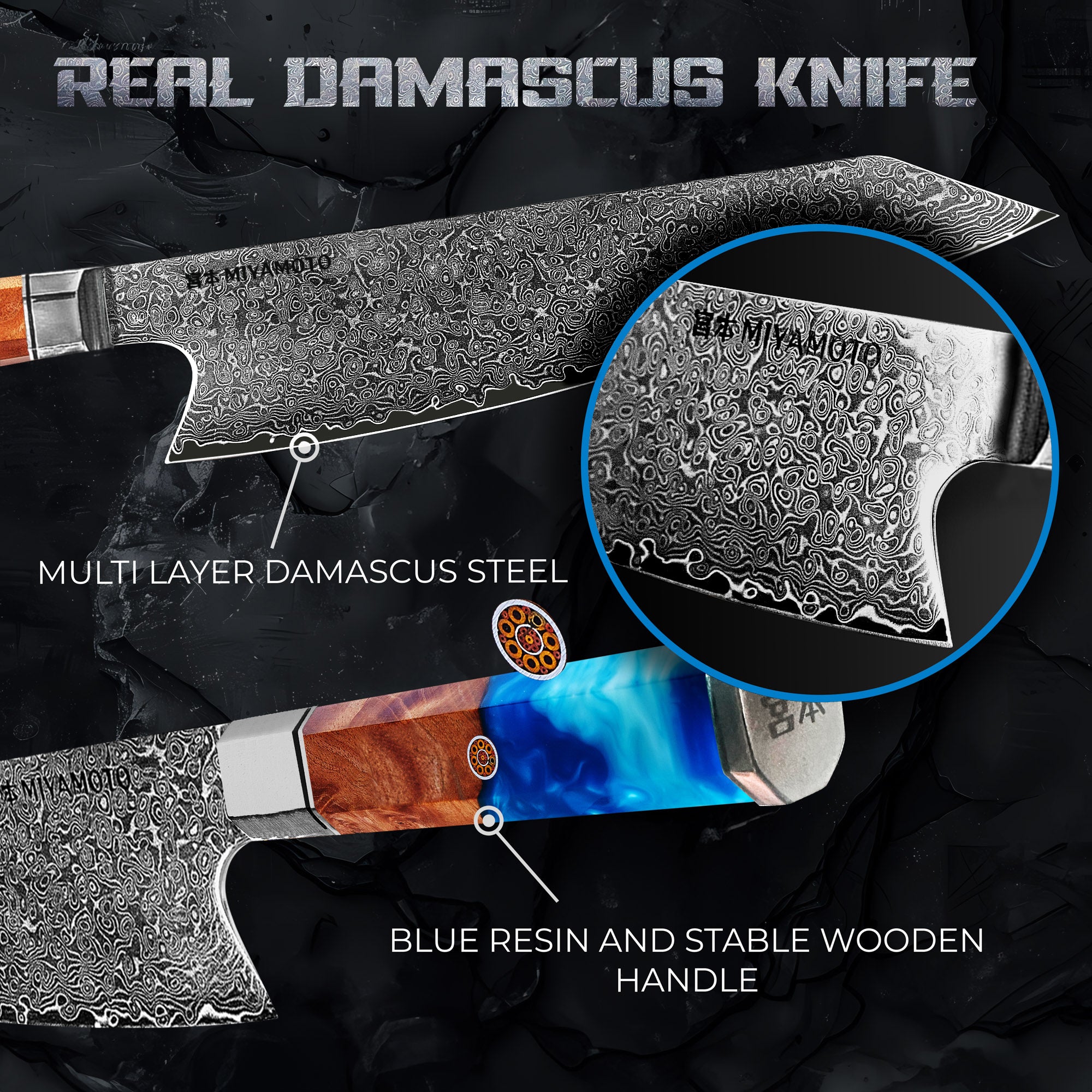 Miyamoto Damascus Kiritsuke Chef Knife with Blue Resin Handle