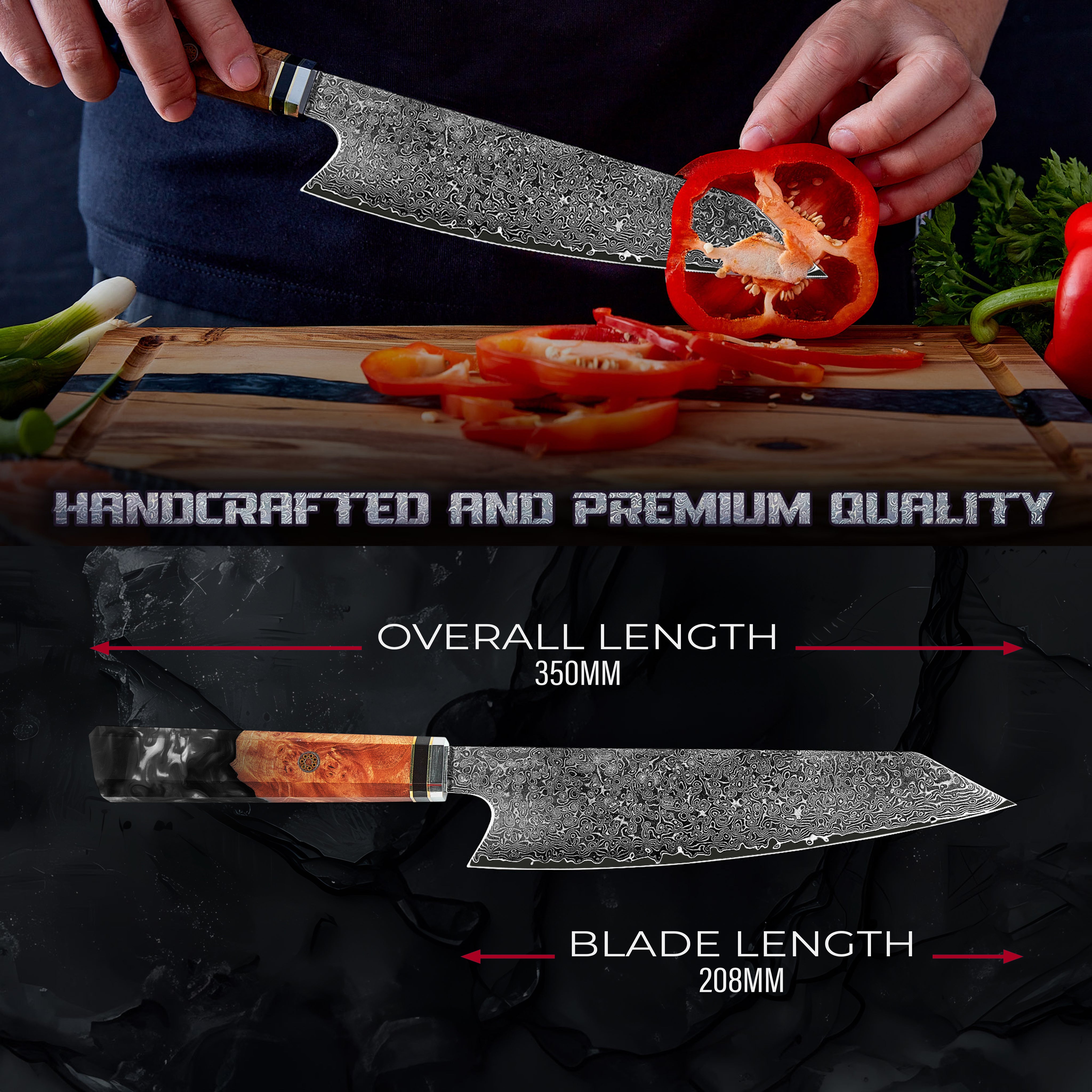 Miyamoto Damascus Kiritsuke Chef Knife with Black Resin Handle