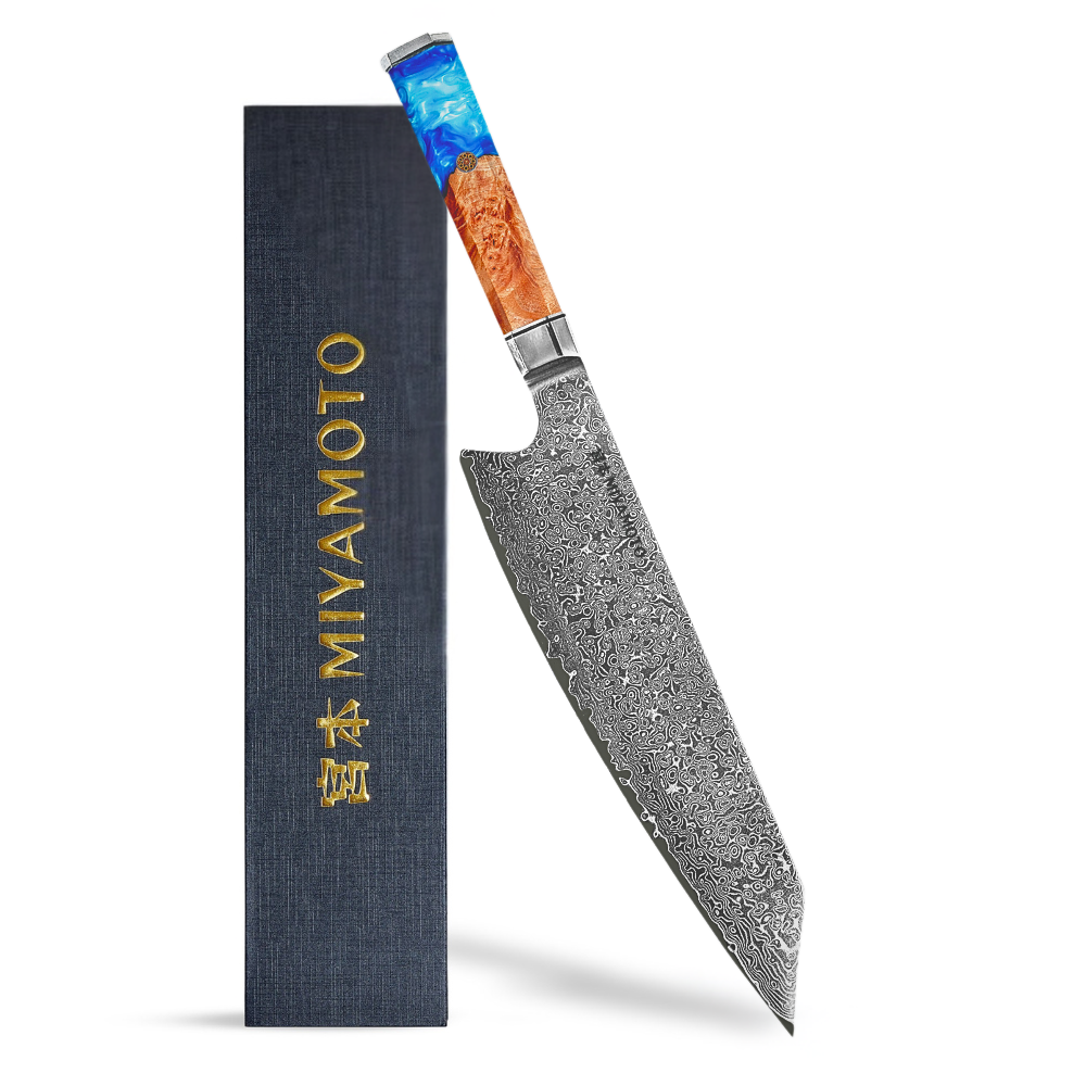 Miyamoto Damascus Kiritsuke Chef Knife with Blue Resin Handle