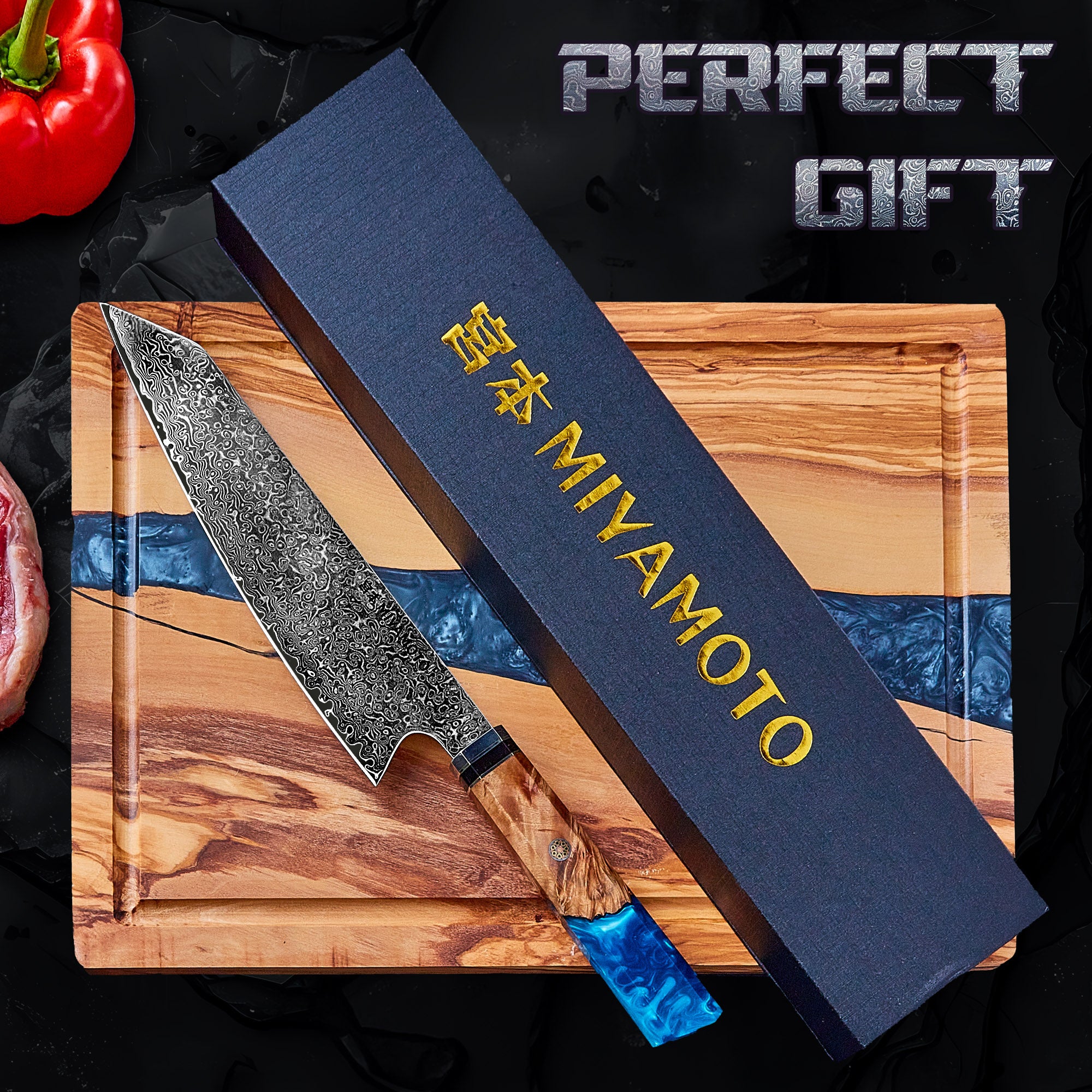 Miyamoto Damascus Kiritsuke Chef Knife with Blue Resin Handle