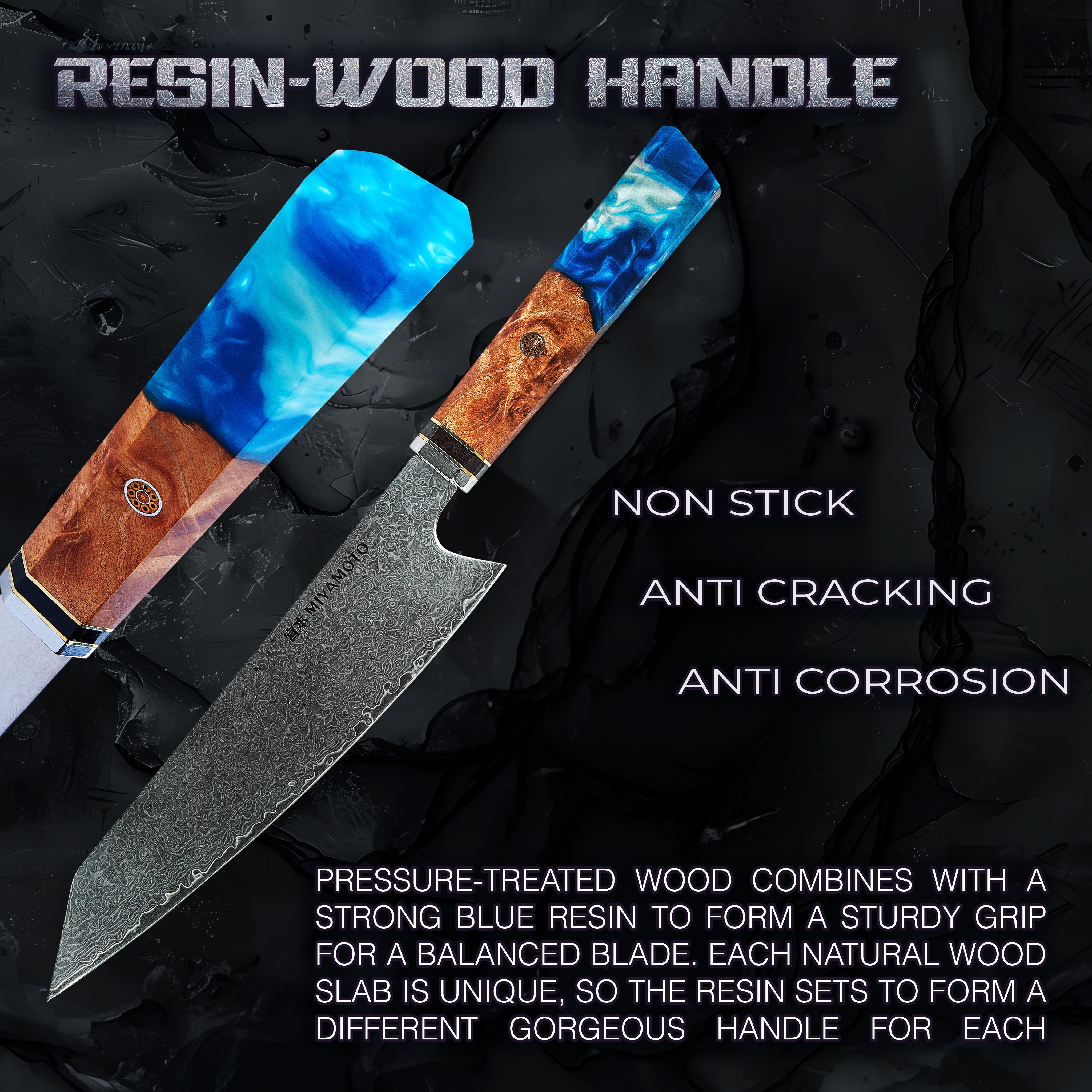 Miyamoto Damascus Kiritsuke Chef Knife with Blue Resin Handle