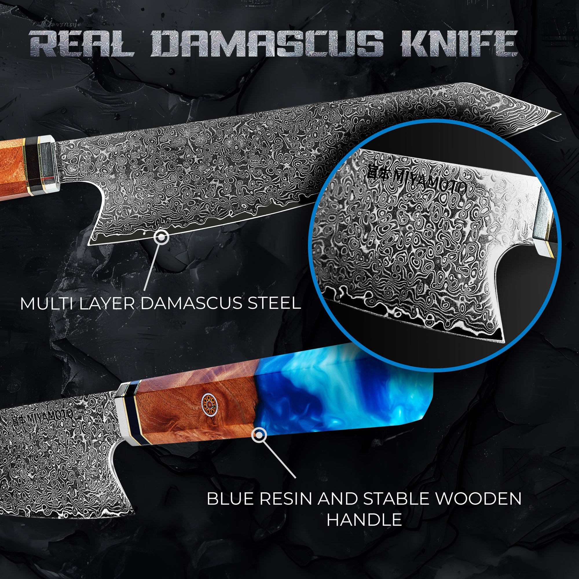 Miyamoto Damascus Kiritsuke Chef Knife with Blue Resin Handle