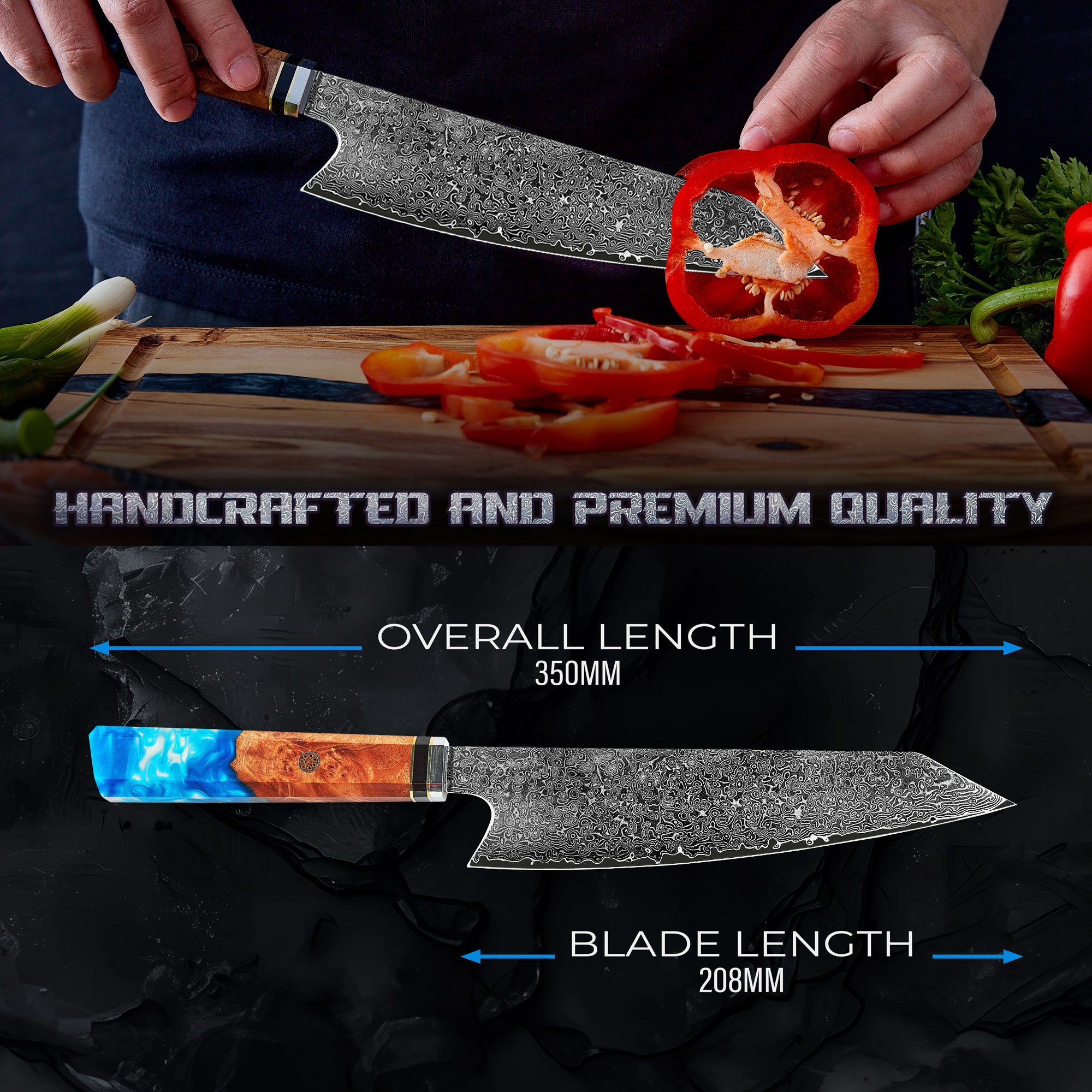 Miyamoto Damascus Kiritsuke Chef Knife with Blue Resin Handle