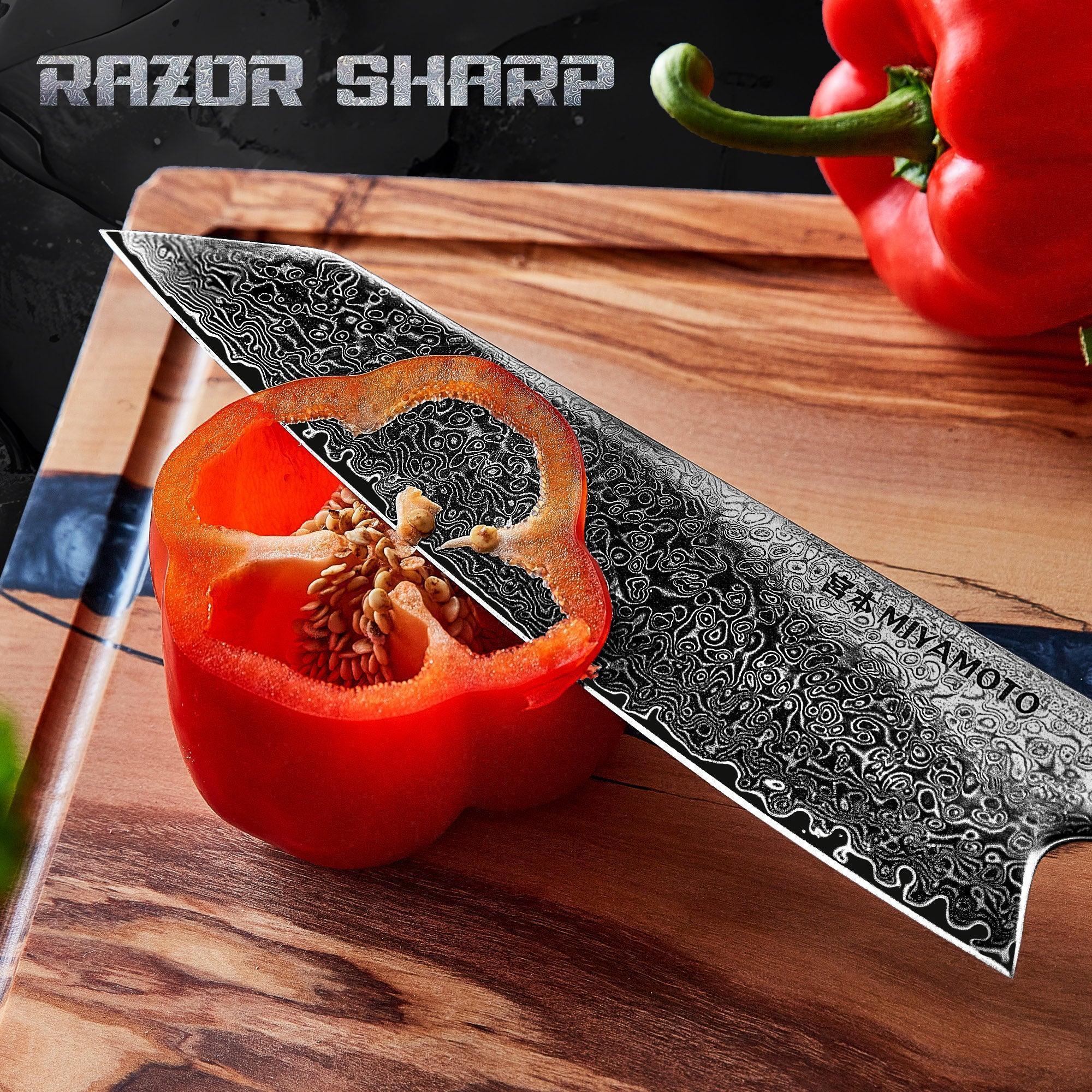 Miyamoto Damascus Kiritsuke Chef Knife with Blue Resin Handle