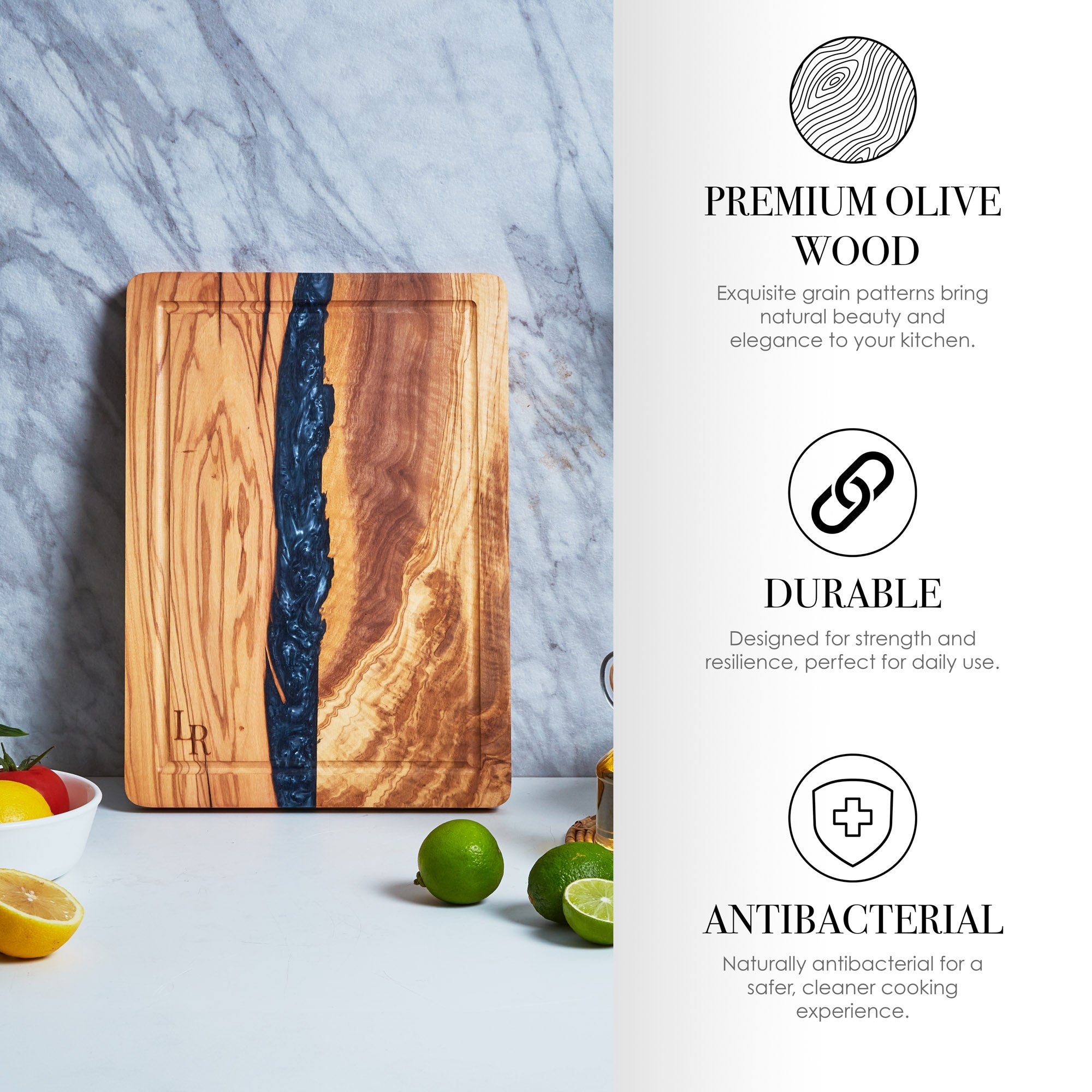 Olive Wood and Resin Chopping Board with Black Resin