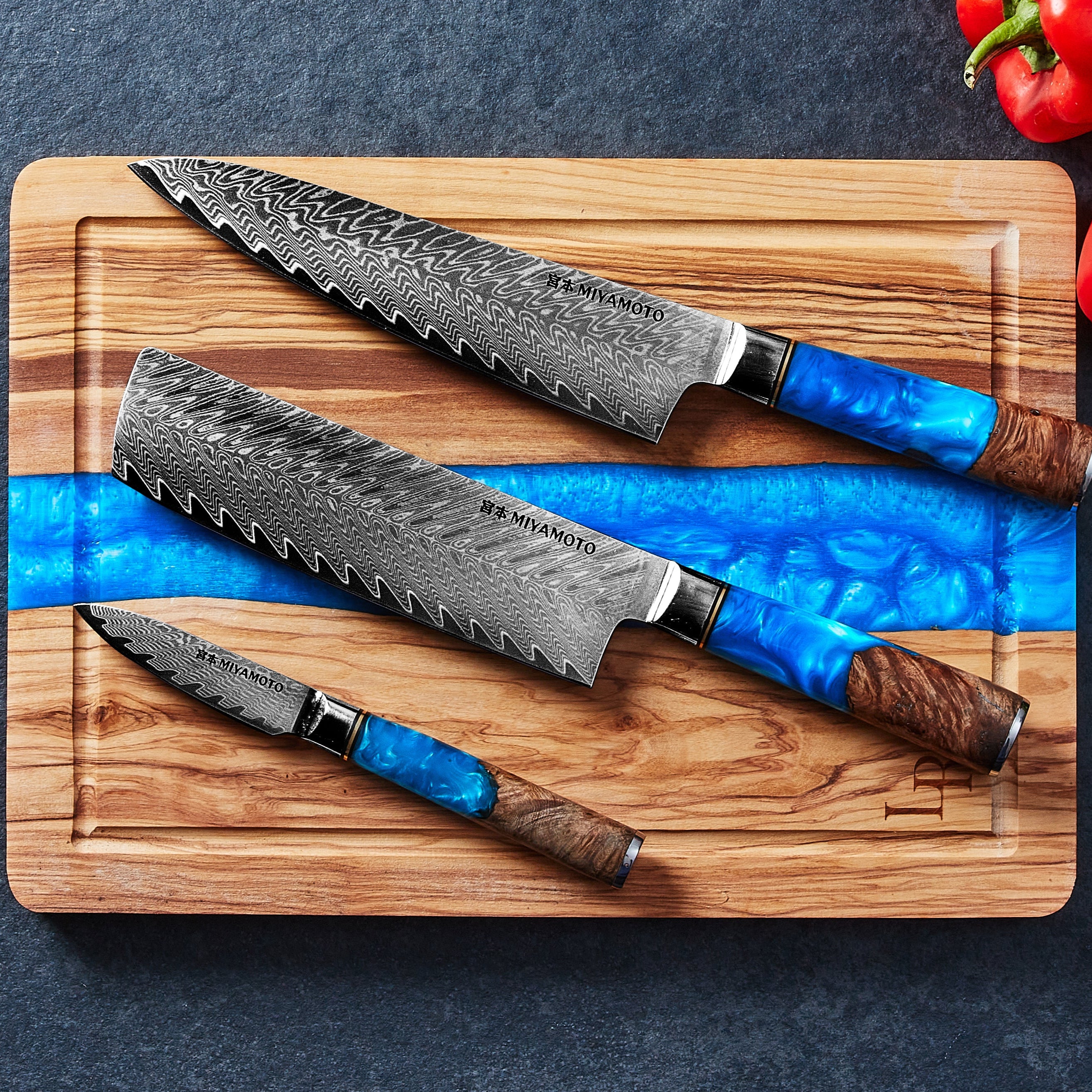 Miyamoto Japanese Knife Damascus Knife 3 Set