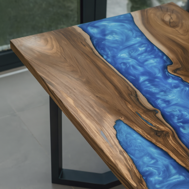 Solid Walnut Dining Table with Blue Resin