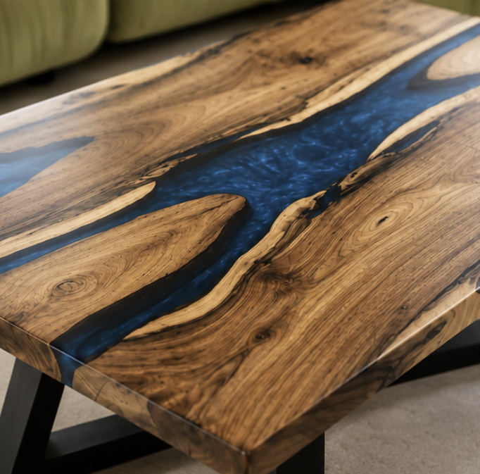 Solid Walnut Coffee Table with Blue Resin