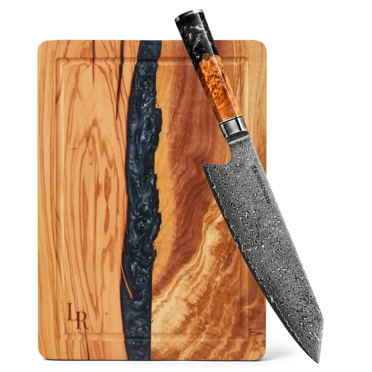 Damacus Knife and Olive Wood Board Set