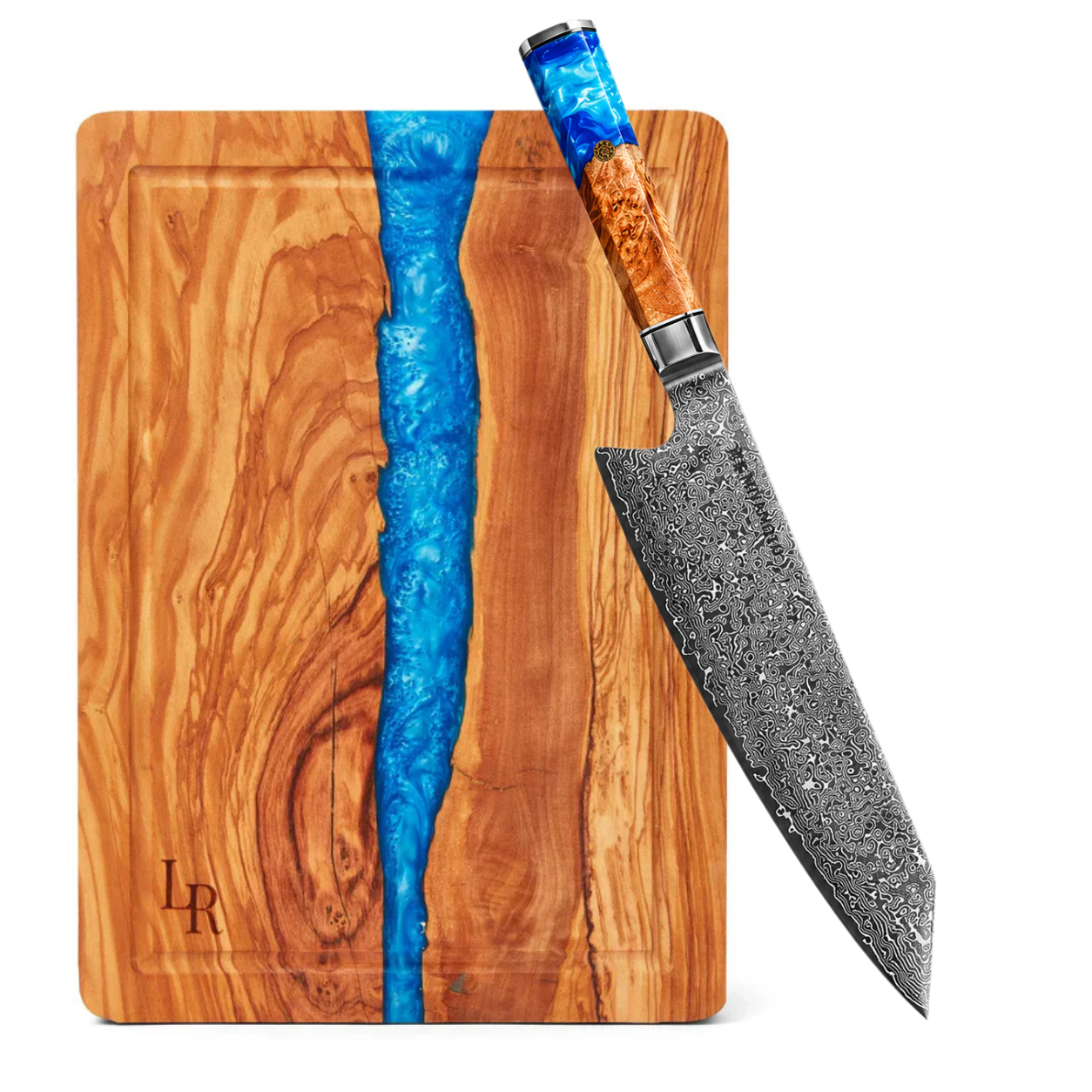 Damacus Knife and Olive Wood Board Set