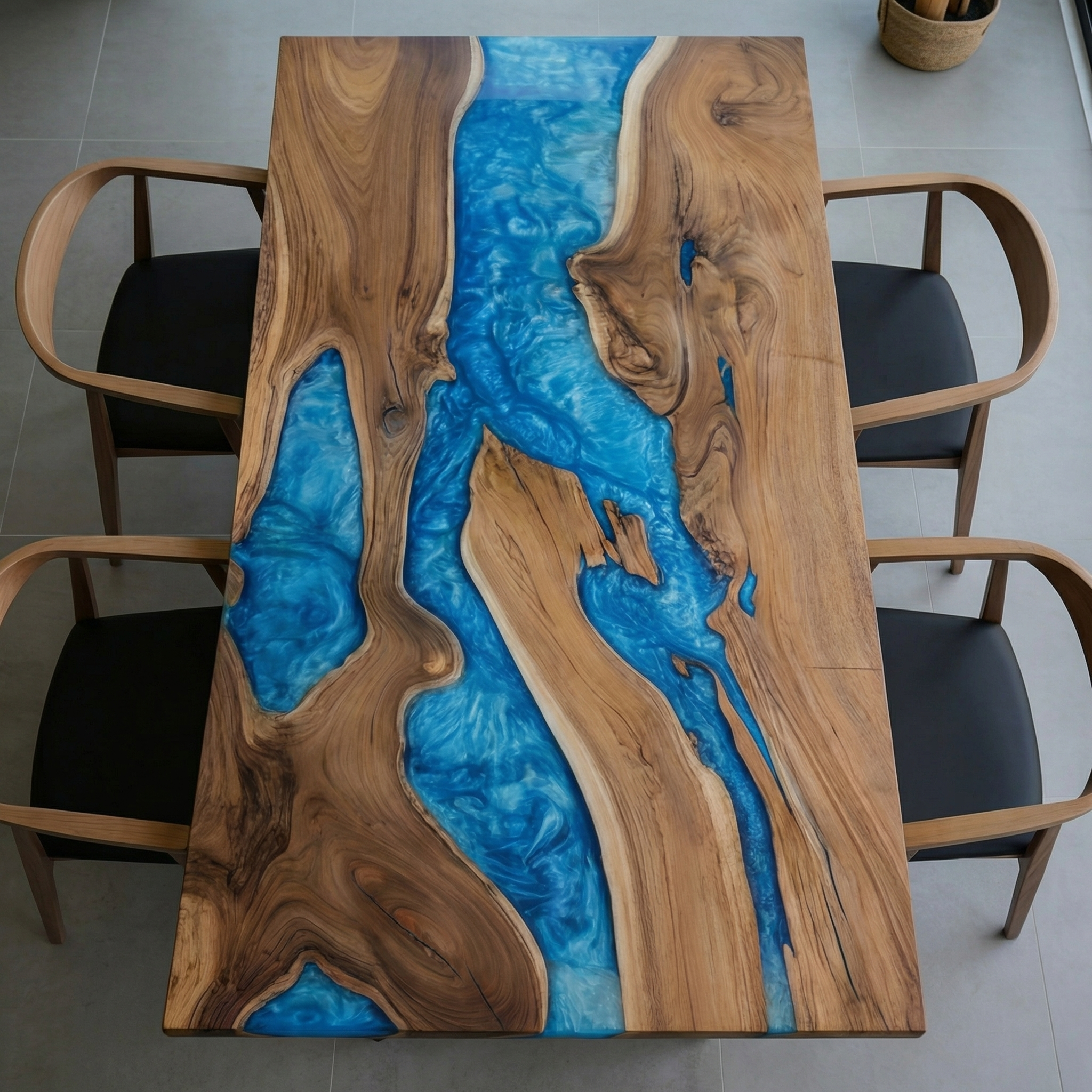 Solid Walnut Dining Table with Blue Resin