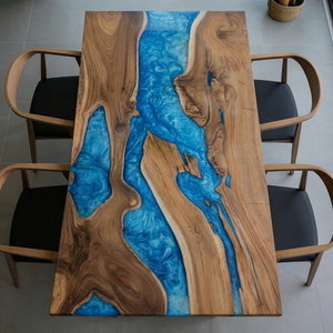 Solid Walnut Dining Table with Blue Resin