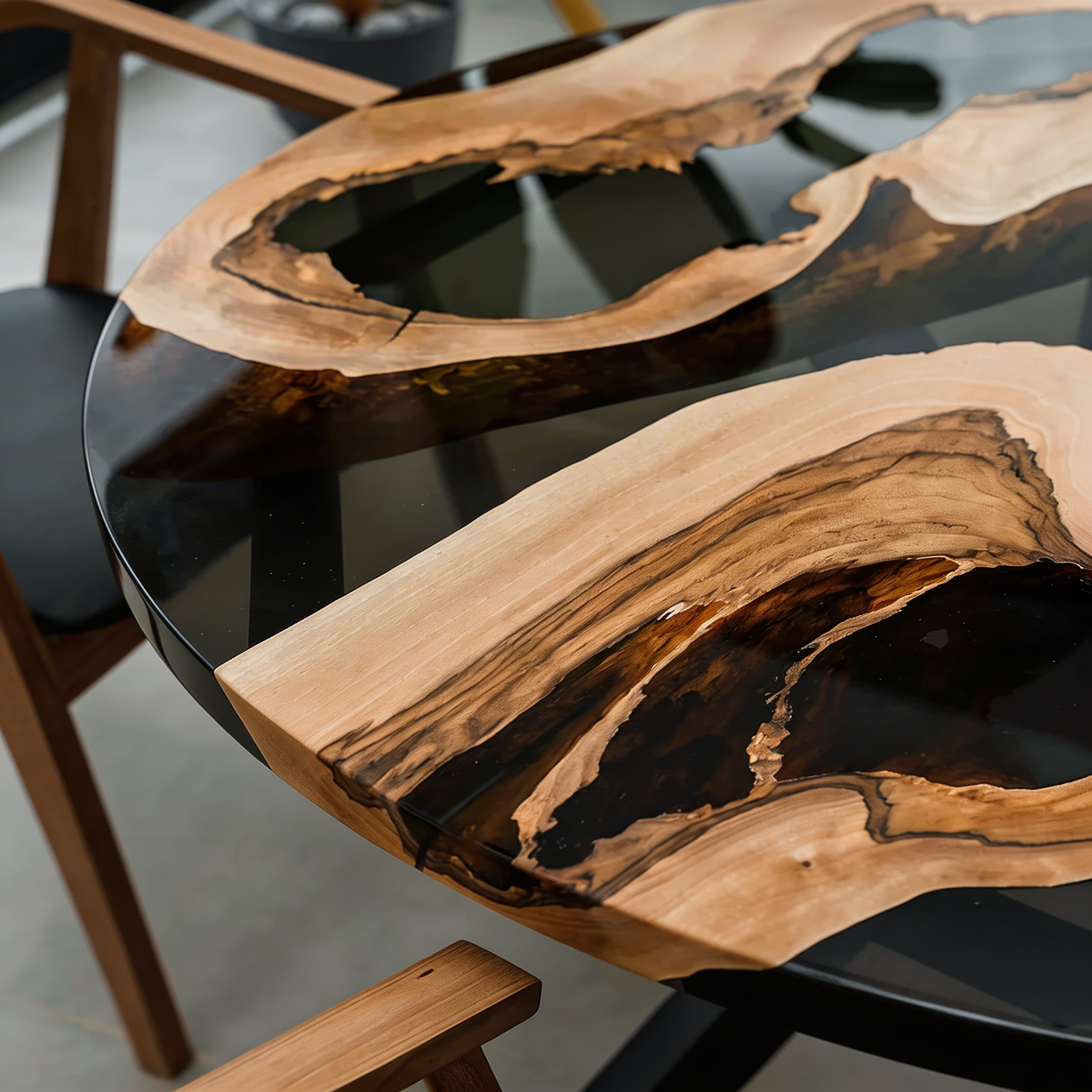 Solid Walnut Circle Dining Table with Black Resin