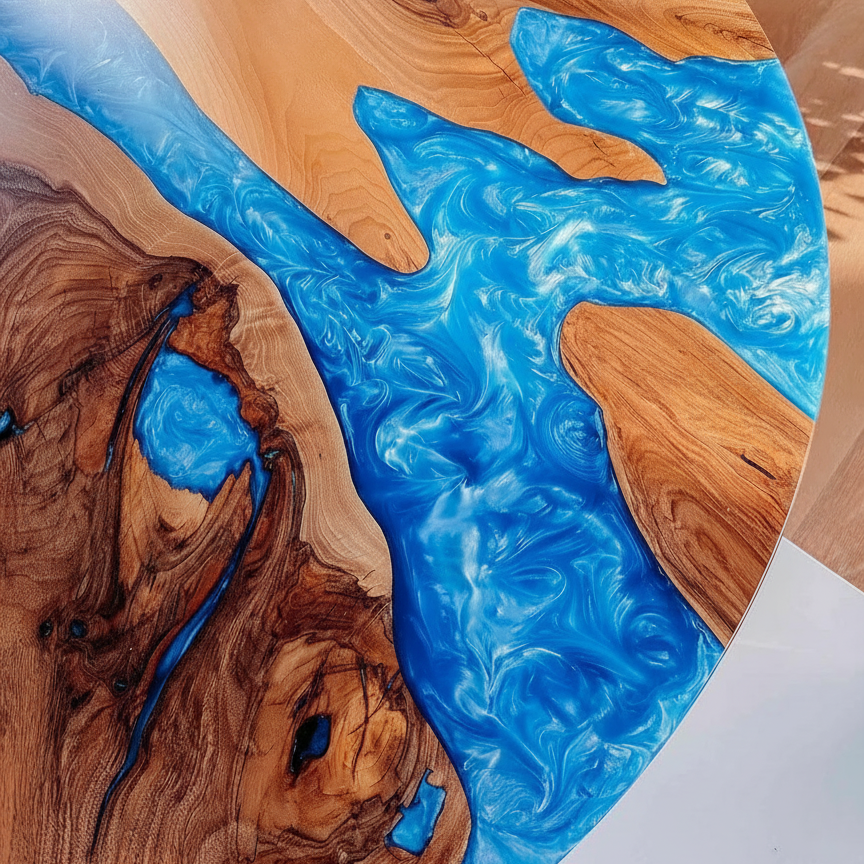 Solid Walnut Circle Dining Table with Blue Resin
