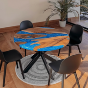 Solid Walnut Circle Dining Table with Blue Resin