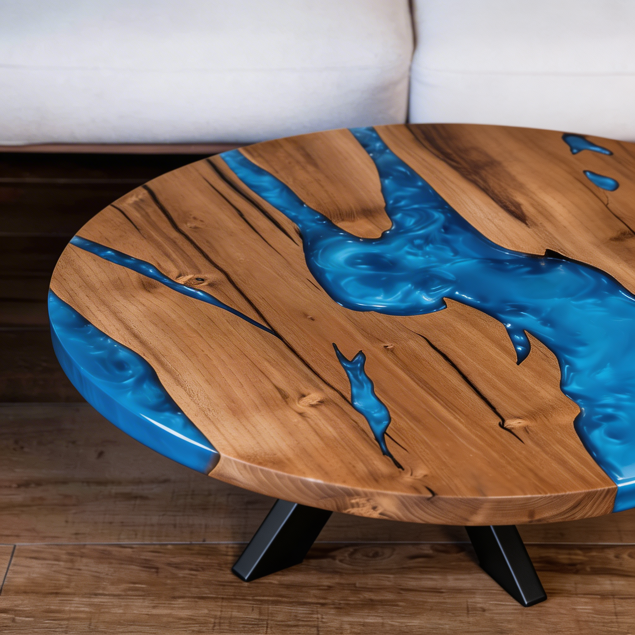 Solid Walnut Circle Coffee Table with Blue Resin