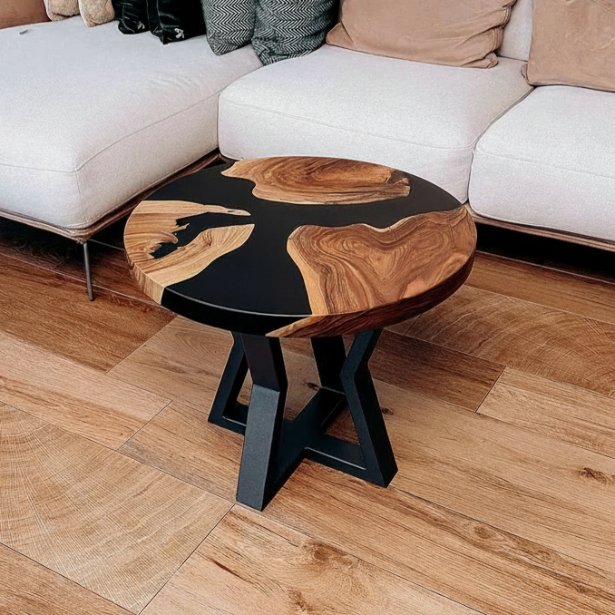 Solid Walnut Circle Coffee Table with Black Resin