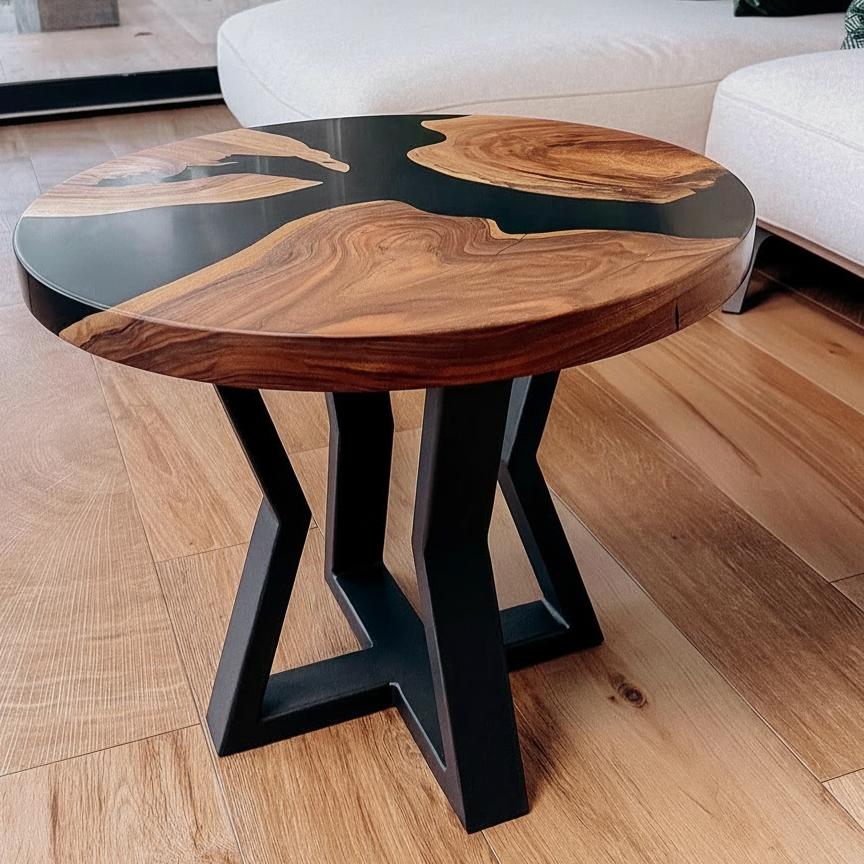 Solid Walnut Circle Coffee Table with Black Resin