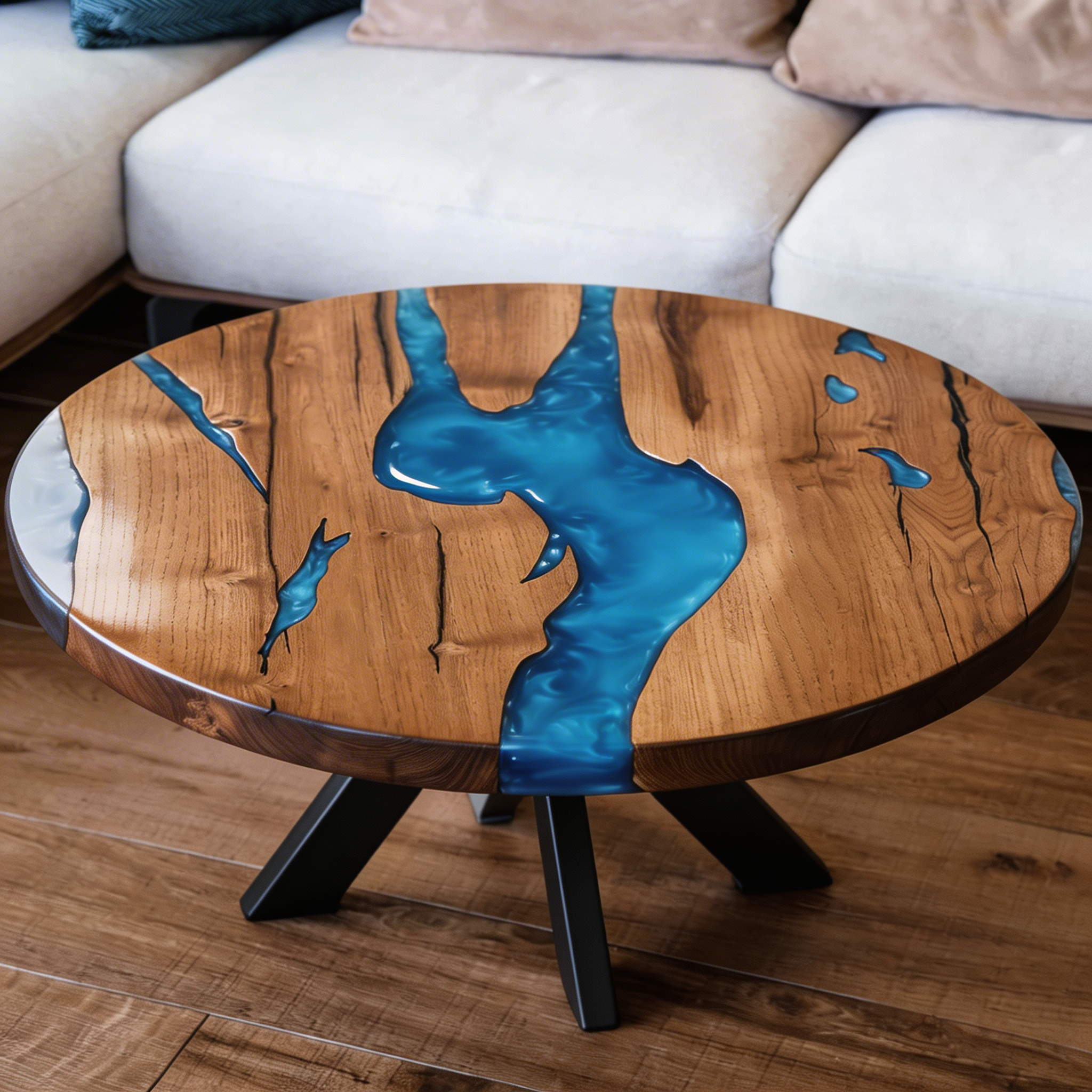 Solid Walnut Circle Coffee Table with Blue Resin